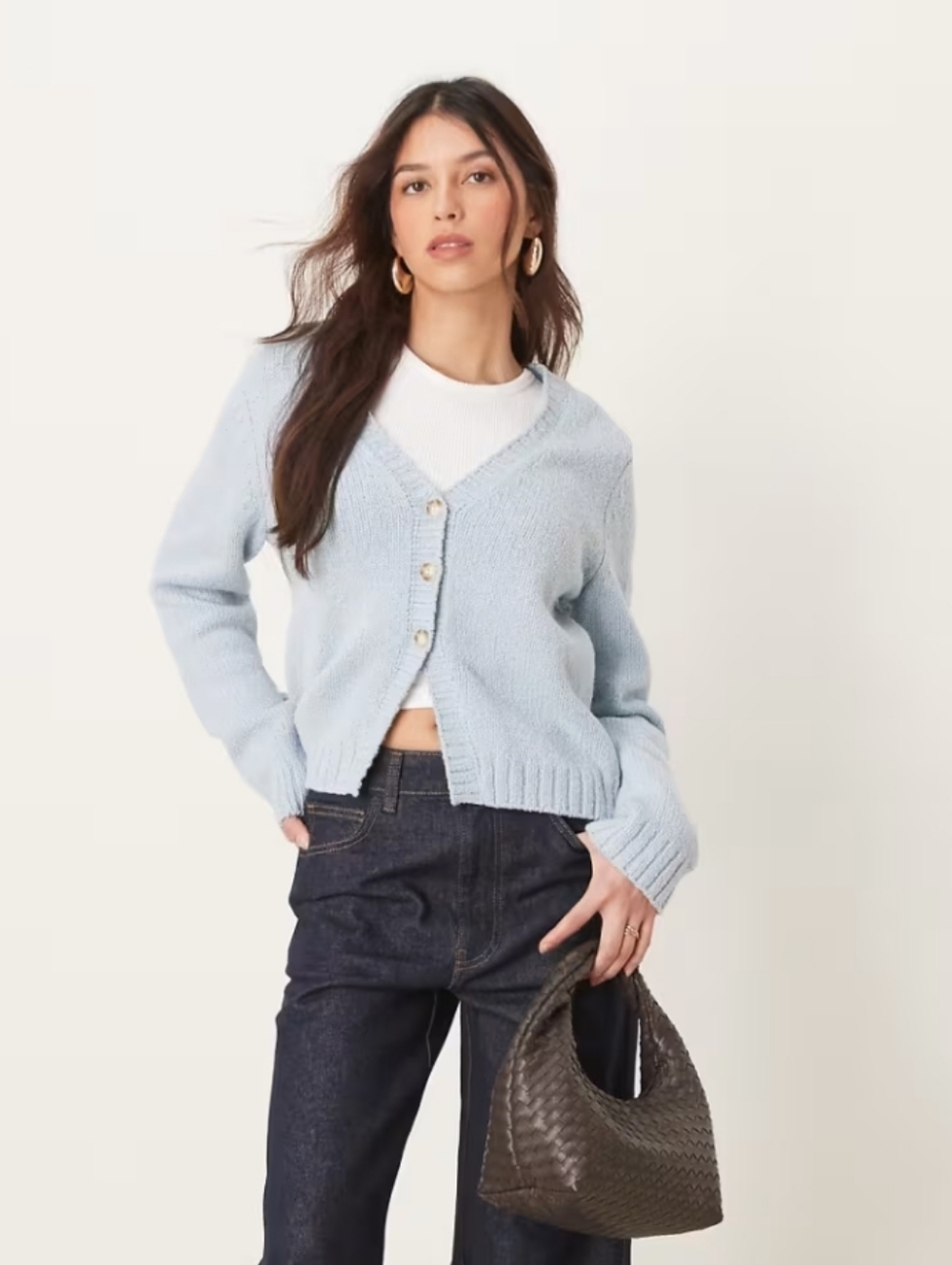 Abercrombie & Fitch Cropped Cardigan Bouclé Knit Button Up Light Blue Gray#104